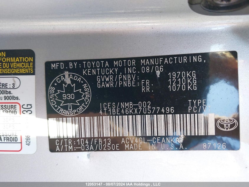 2007 Toyota Camry VIN: 4T1BE46KX7U577496 Lot: 12053147