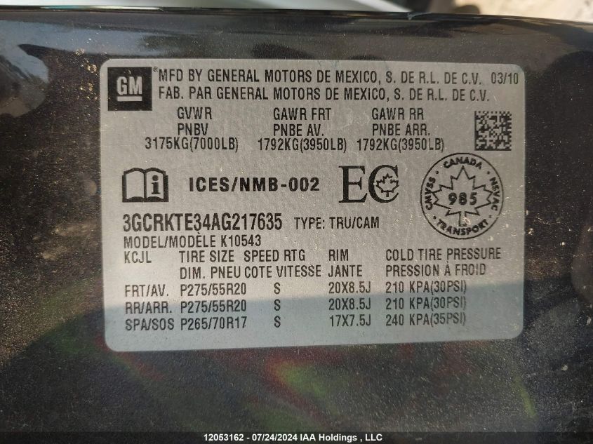 2010 Chevrolet Silverado 1500 VIN: 3GCRKTE34AG217635 Lot: 12053162