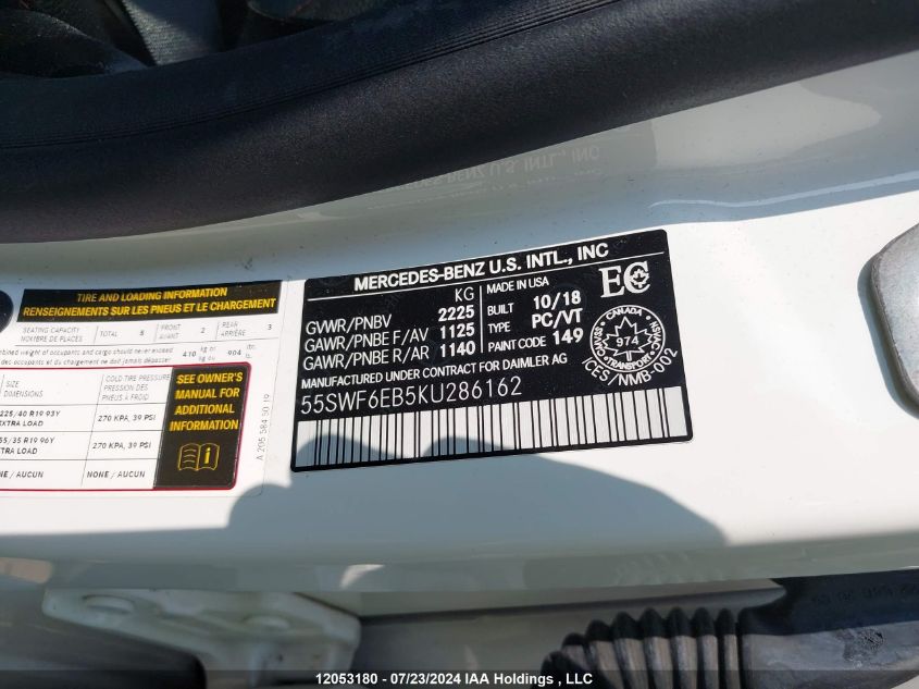 2019 Mercedes-Benz C-Class VIN: 55SWF6EB5KU286162 Lot: 12053180