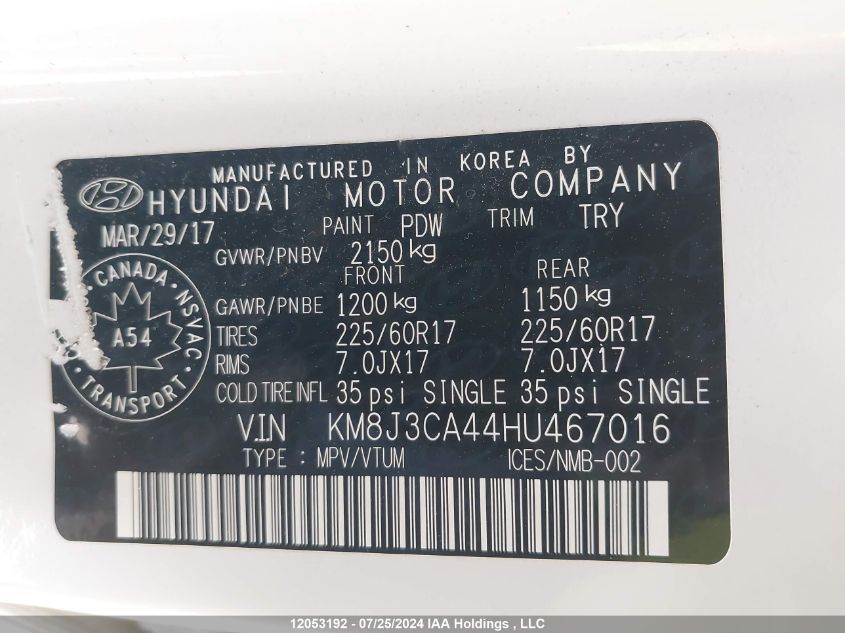 2017 Hyundai Tucson Premium VIN: KM8J3CA44HU467016 Lot: 12053192