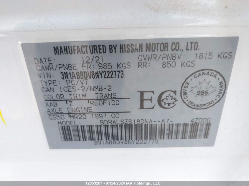 2022 Nissan Sentra VIN: 3N1AB8DV8NY222773 Lot: 12053207