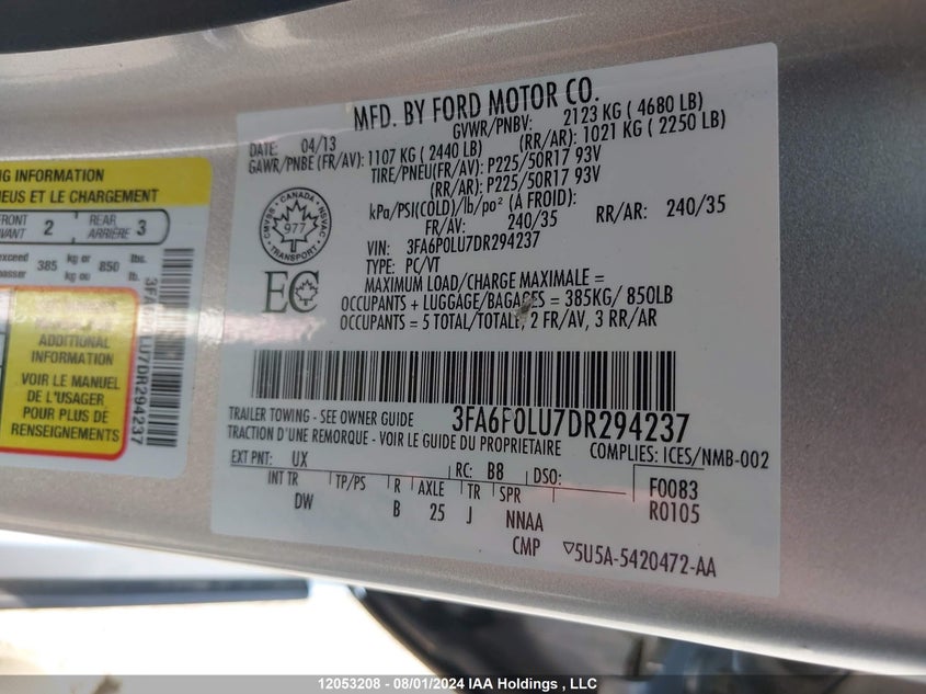 2013 Ford Fusion Se Hybrid VIN: 3FA6P0LU7DR294237 Lot: 12053208