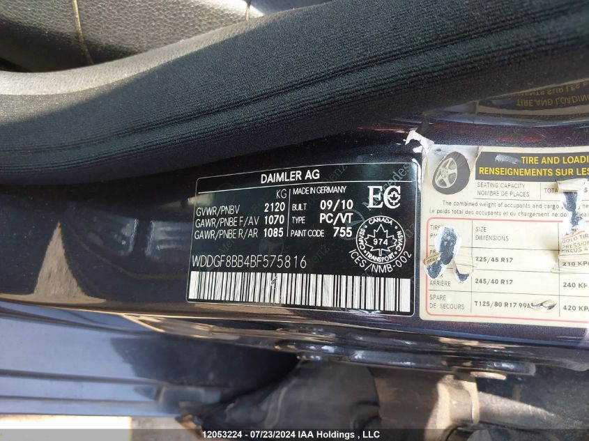 2011 Mercedes-Benz C-Class VIN: WDDGF8BB4BF575816 Lot: 12053224