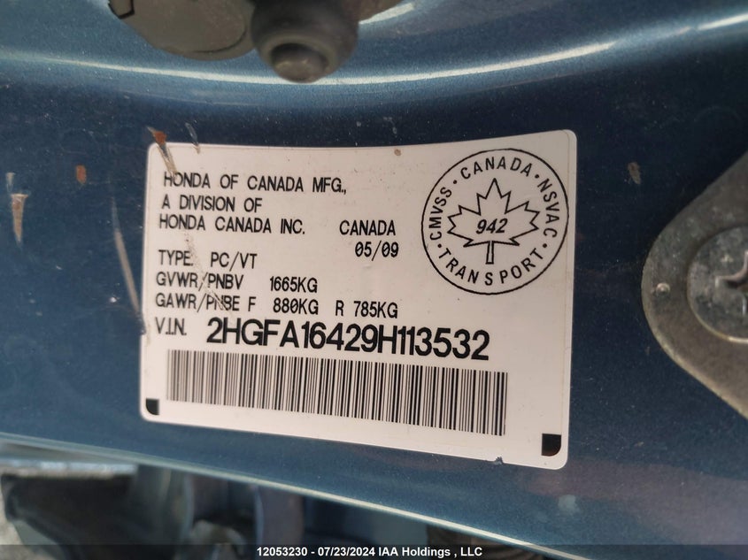 2009 Honda Civic Sdn VIN: 2HGFA16429H113532 Lot: 12053230