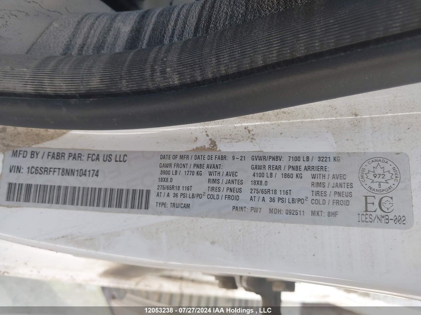 2022 Dodge Ram VIN: 1C6SRFFT8NN104174 Lot: 12053238