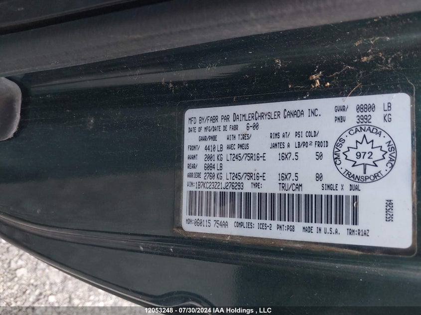 2001 Dodge Ram 2500 VIN: 1B7KC23Z21J276293 Lot: 12053248