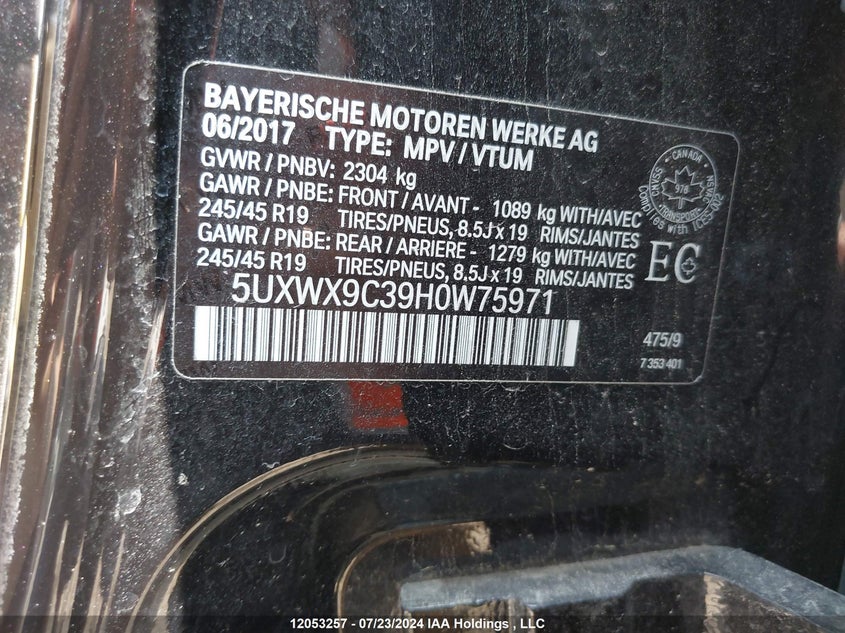 2017 BMW X3 xDrive28I VIN: 5UXWX9C39H0W75971 Lot: 12053257