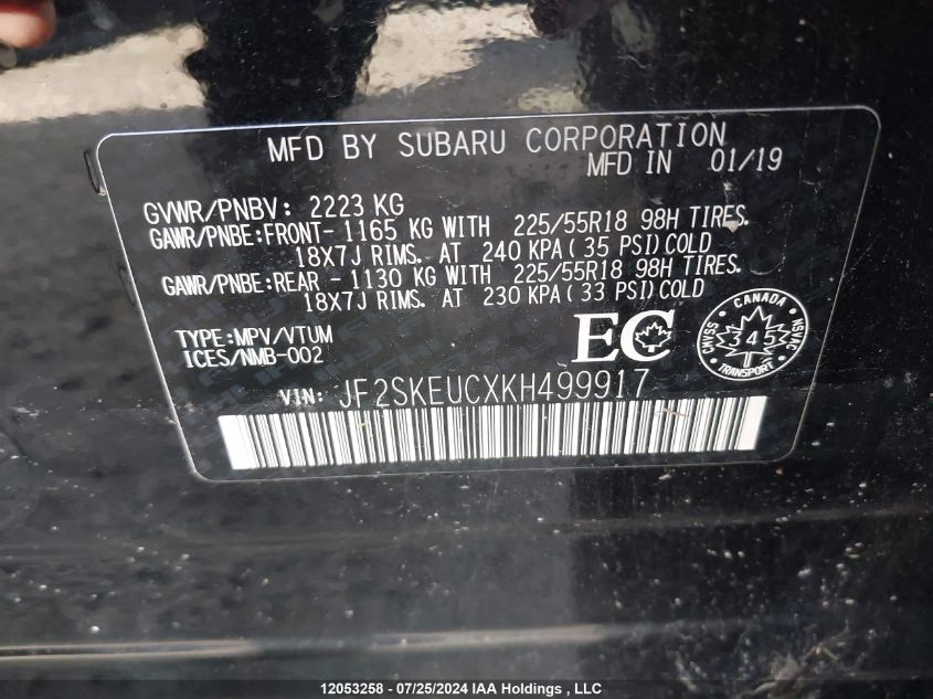 2019 Subaru Forester VIN: JF2SKEUCXKH499917 Lot: 12053258