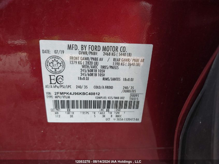 2019 Ford Edge VIN: 2FMPK4J96KBC40812 Lot: 12053275