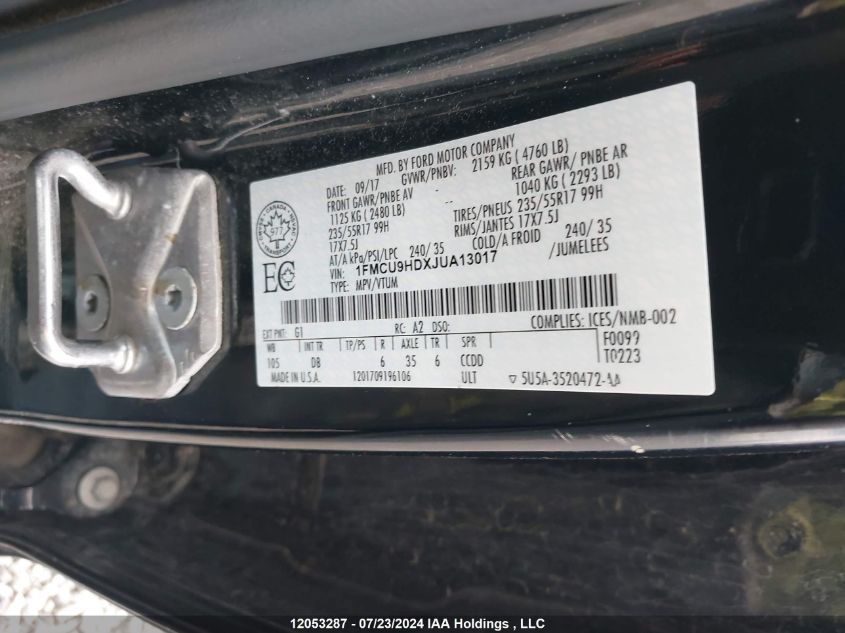 2018 Ford Escape Sel VIN: 1FMCU9HDXJUA13017 Lot: 12053287