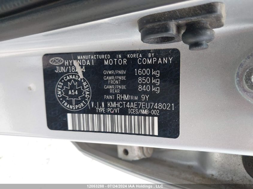 2014 Hyundai Accent Gls/Gs VIN: KMHCT4AE7EU748021 Lot: 12053288