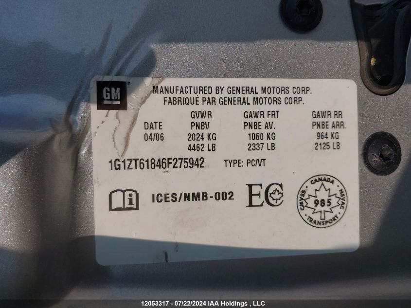 2006 Chevrolet Malibu Maxx Lt VIN: 1G1ZT61846F275942 Lot: 12053317