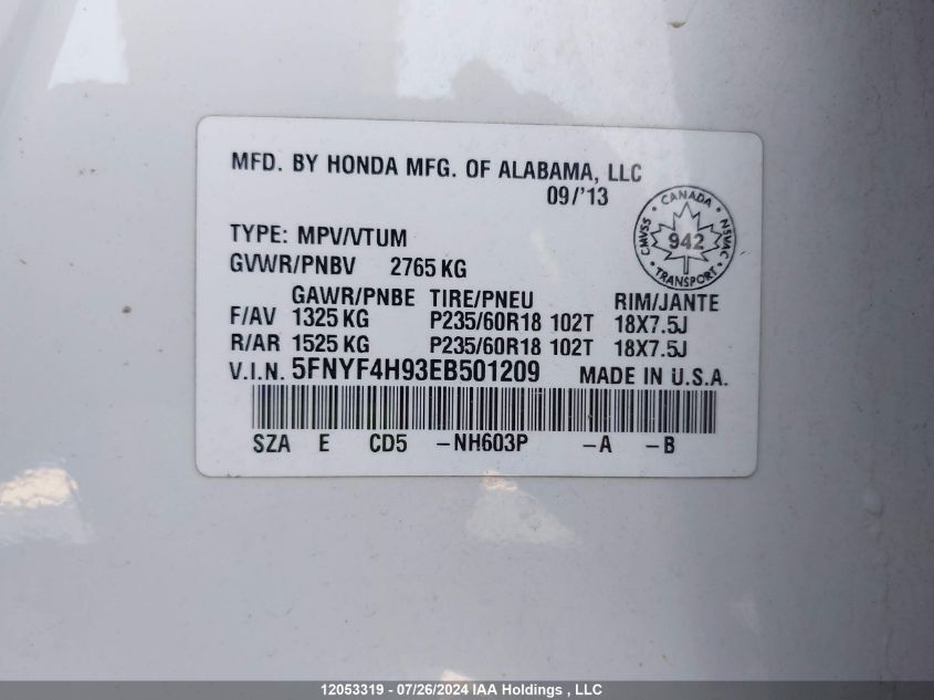 2014 Honda Pilot Touring VIN: 5FNYF4H93EB501209 Lot: 12053319