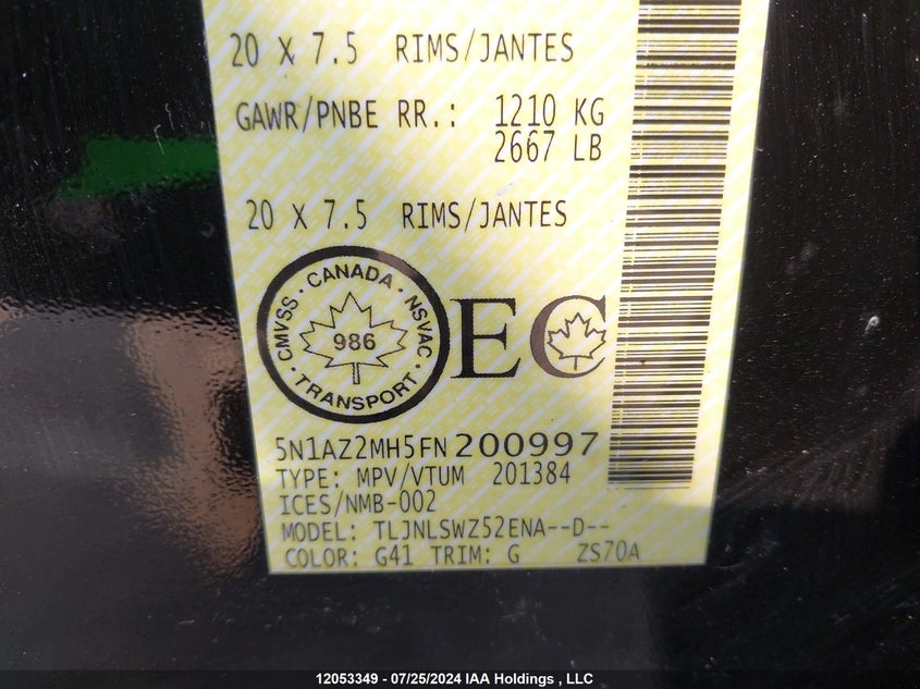 2015 Nissan Murano VIN: 5N1AZ2MH5FN200997 Lot: 12053349