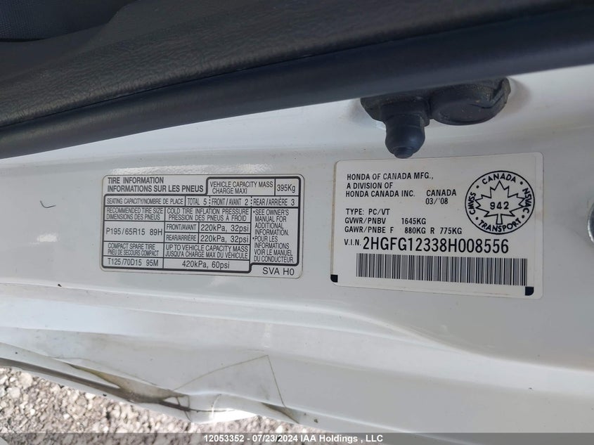 2008 Honda Civic VIN: 2HGFG12338H008556 Lot: 12053352