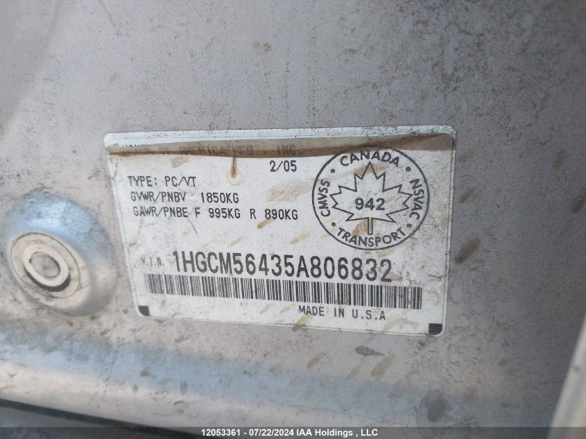 2005 Honda Accord Sdn VIN: 1HGCM56435A806832 Lot: 12053361