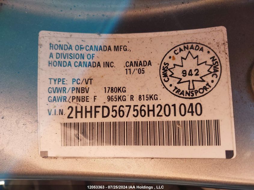 2006 Acura Csx VIN: 2HHFD56756H201040 Lot: 12053363