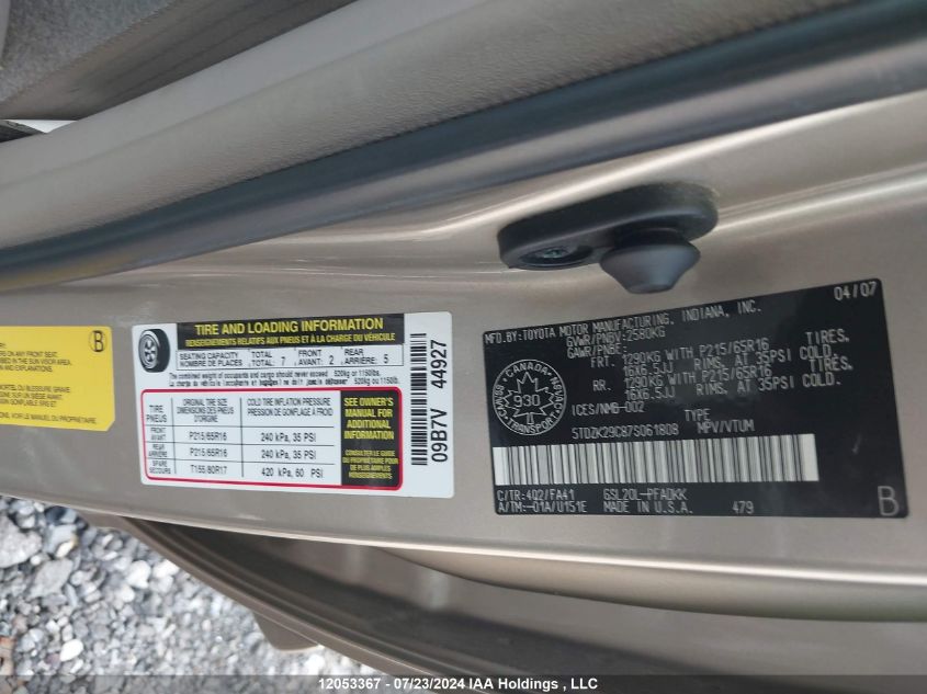 2007 Toyota Sienna VIN: 5TDZK29C87S061808 Lot: 12053367