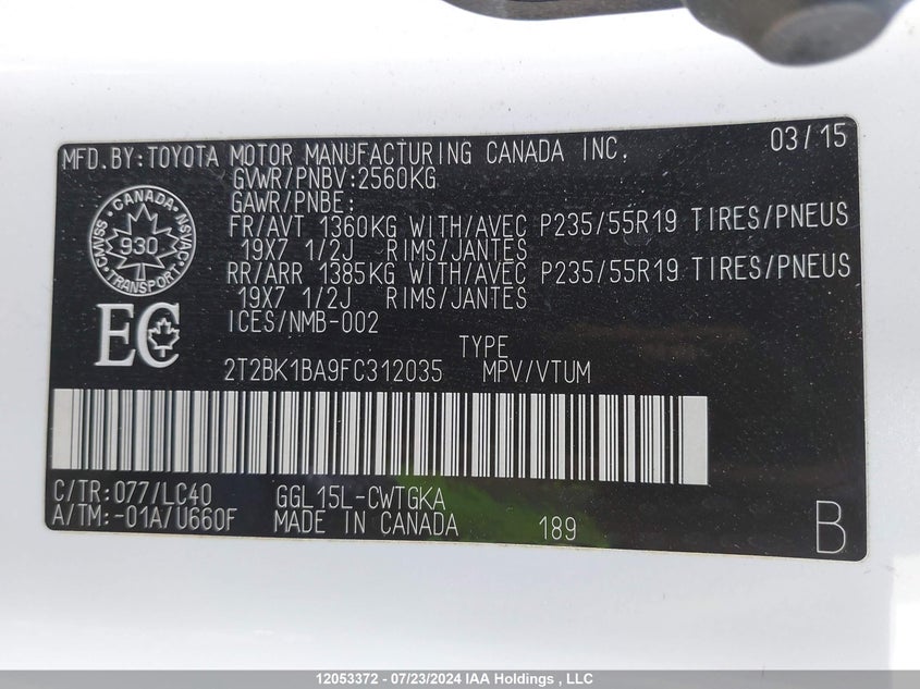 2015 Lexus Rx 350/Base/F Sport VIN: 2T2BK1BA9FC312035 Lot: 12053372