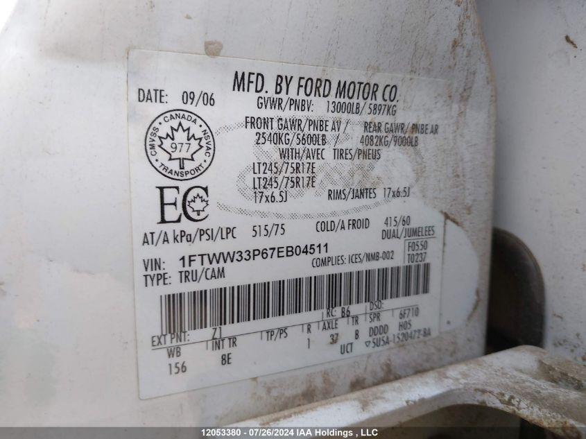 2007 Ford F350 Super Duty VIN: 1FTWW33P67EB04511 Lot: 12053380