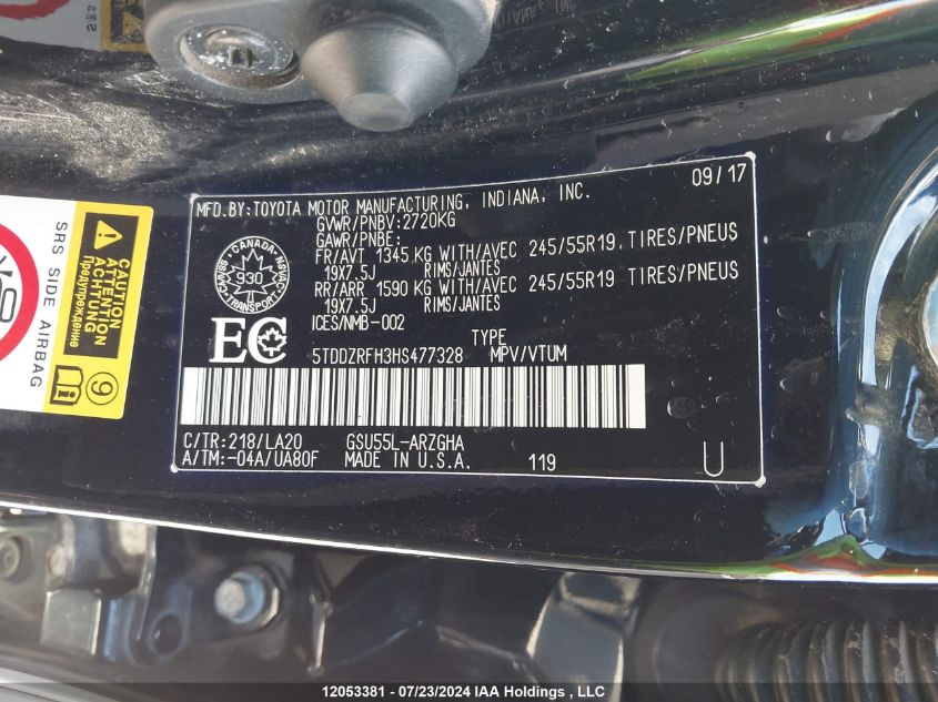 2017 Toyota Highlander Limited/Ltd Platinum VIN: 5TDDZRFH3HS477328 Lot: 12053381