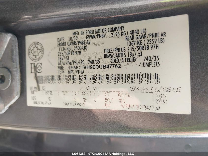 2013 Ford Escape Sel VIN: 1FMCU9H90DUB47762 Lot: 12053383