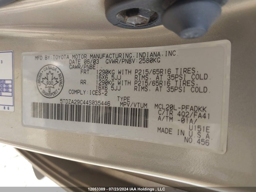 2004 Toyota Sienna Ce VIN: 5TDZA29C44S035446 Lot: 12053389