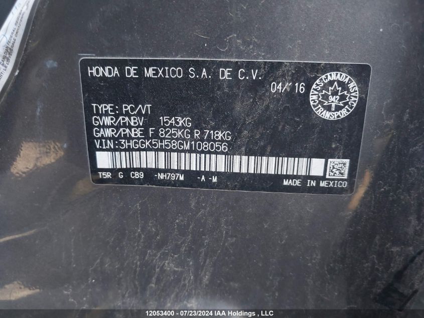 2016 Honda Fit VIN: 3HGGK5H58GM108056 Lot: 12053400