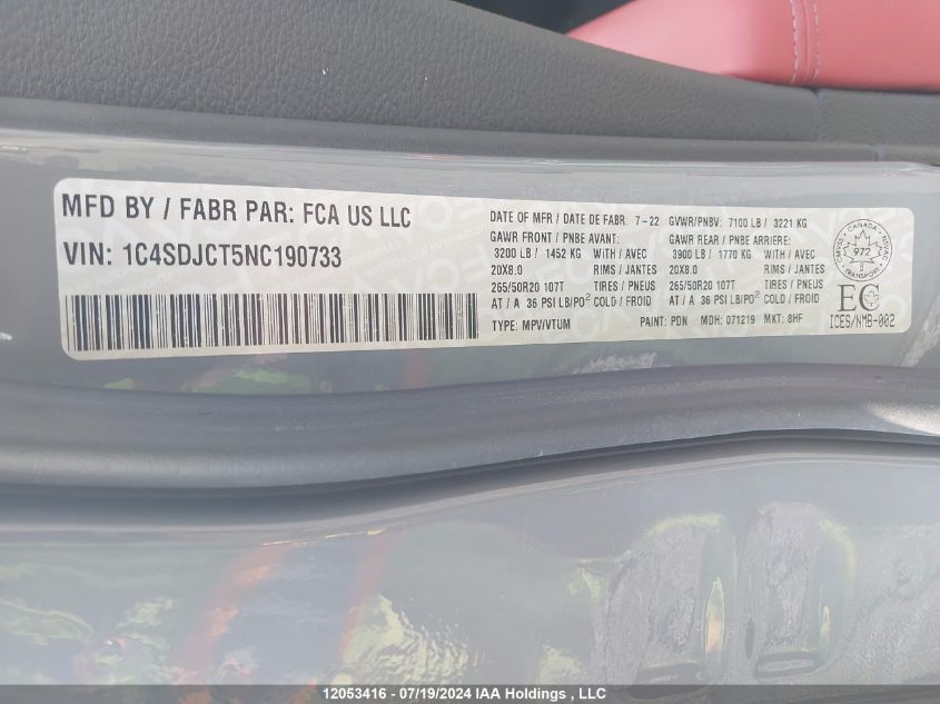 2022 Dodge Durango R/T VIN: 1C4SDJCT5NC190733 Lot: 12053416