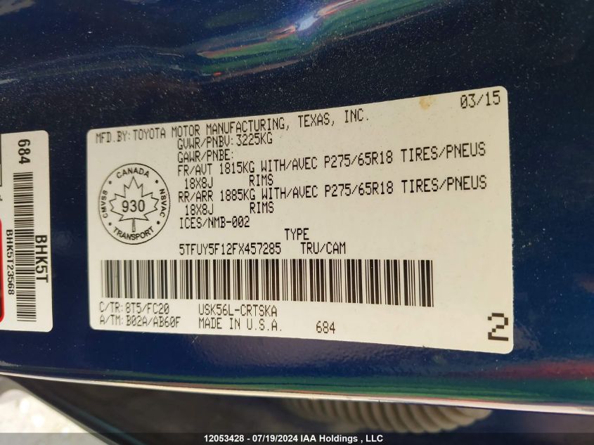 2015 Toyota Tundra Double Cab Sr/Double Cab Sr5 VIN: 5TFUY5F12FX457285 Lot: 12053428