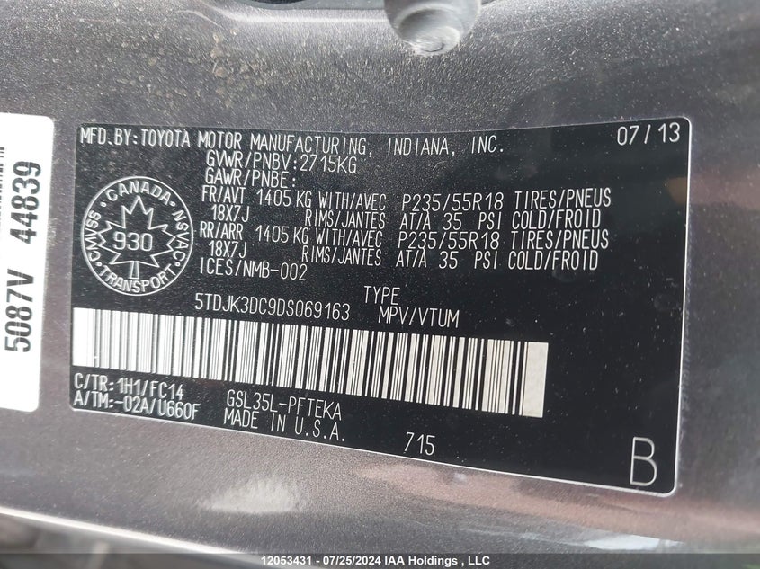 2013 Toyota Sienna Le VIN: 5TDJK3DC9DS069163 Lot: 12053431