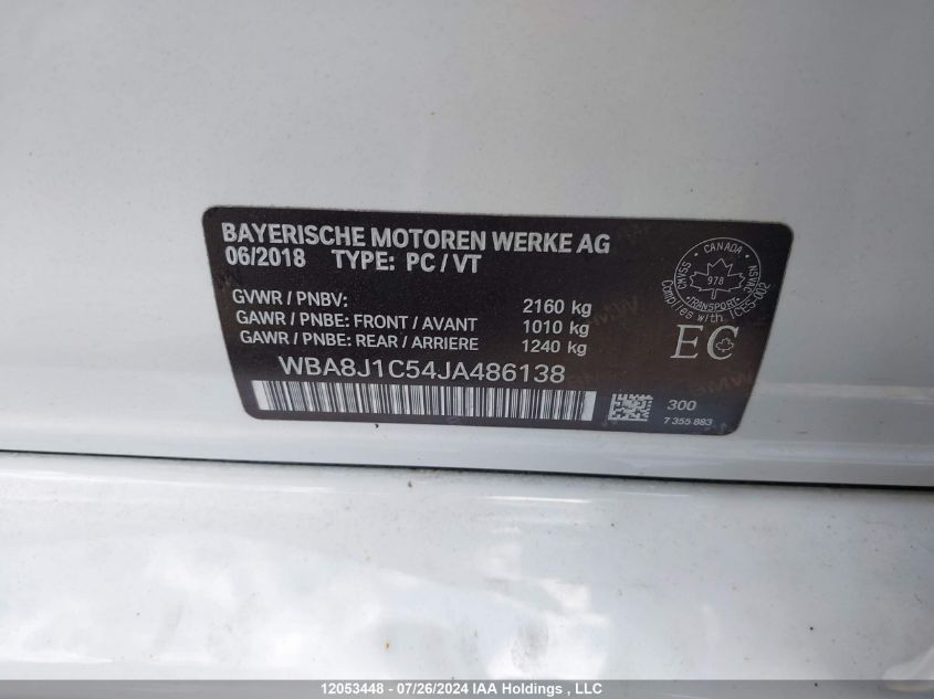 2018 BMW 3 Series VIN: WBA8J1C54JA486138 Lot: 12053448