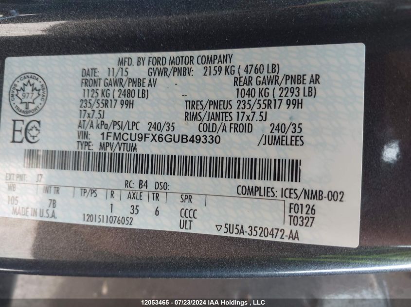 2016 Ford Escape S VIN: 1FMCU9FX6GUB49330 Lot: 12053465