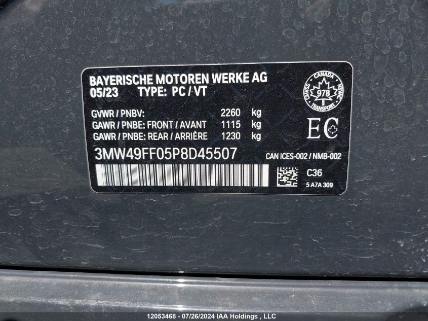 2023 BMW 3 Series VIN: 3MW49FF05P8D45507 Lot: 12053468