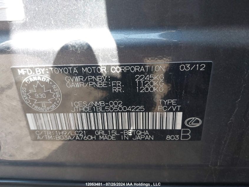 2013 Lexus Gs 350 VIN: JTHCE1BL5D5004225 Lot: 12053481