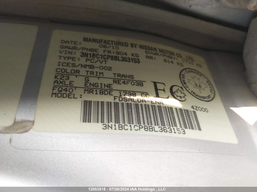 2011 Nissan Versa S/Sl VIN: 3N1BC1CP8BL363153 Lot: 12053515