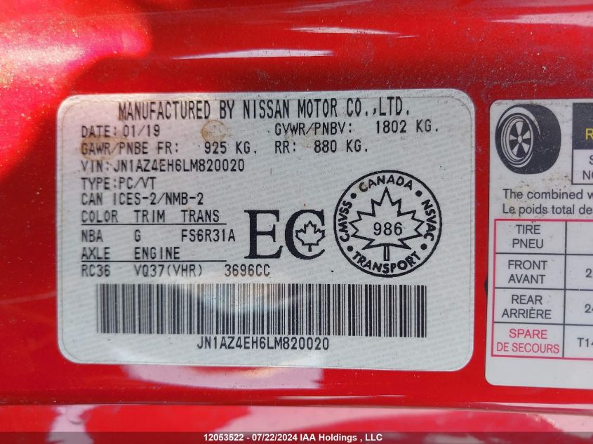 2020 Nissan 370Z VIN: JN1AZ4EH6LM820020 Lot: 12053522