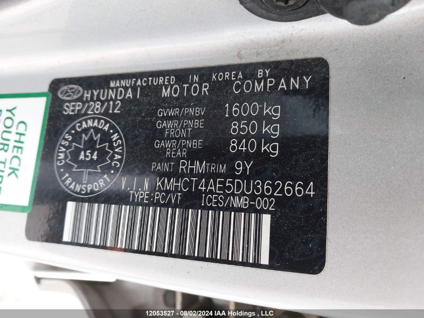 2013 Hyundai Accent Gls/Gs VIN: KMHCT4AE5DU362664 Lot: 12053527