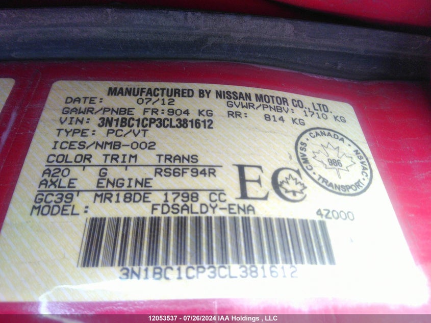 2012 Nissan Versa S/Sl VIN: 3N1BC1CP3CL381612 Lot: 12053537