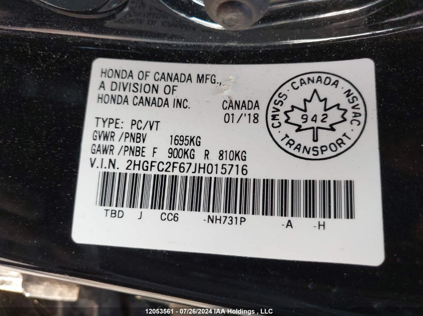 2018 Honda Civic Sedan VIN: 2HGFC2F67JH015716 Lot: 12053561