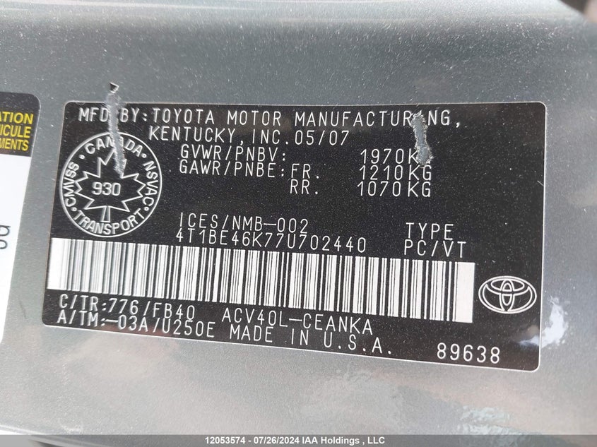 2007 Toyota Camry Ce/Le/Xle/Se VIN: 4T1BE46K77U702440 Lot: 12053574