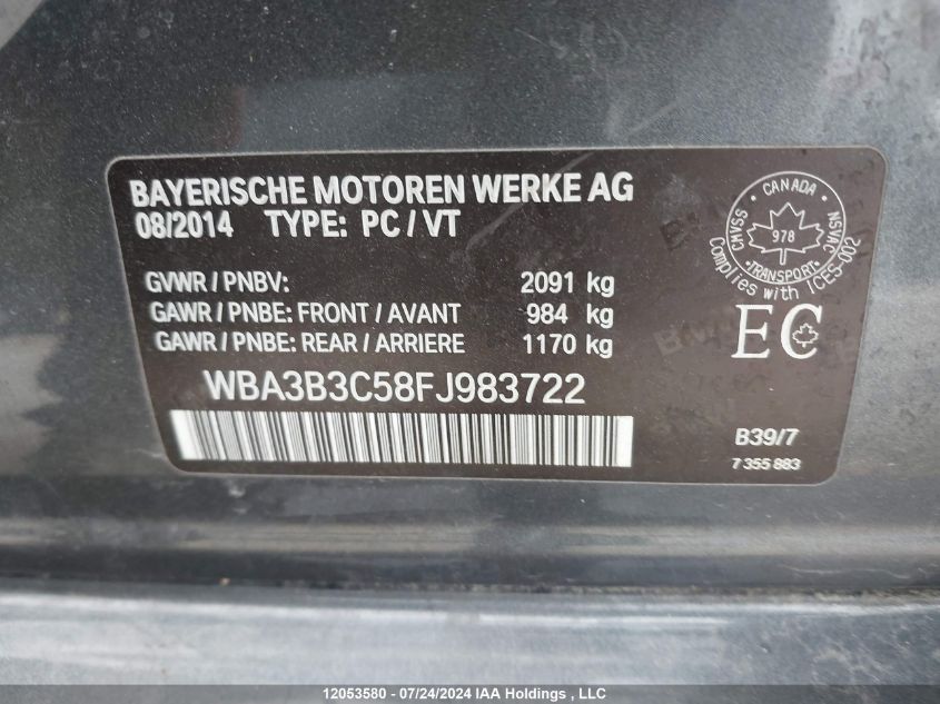 2015 BMW 3 Series VIN: WBA3B3C58FJ983722 Lot: 12053580
