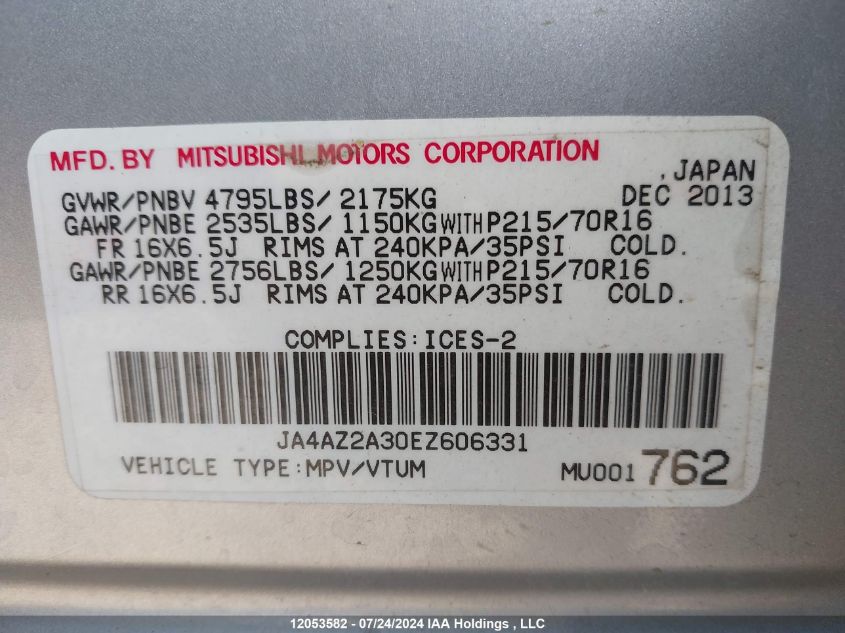 2014 Mitsubishi Outlander VIN: JA4AZ2A30EZ606331 Lot: 12053582