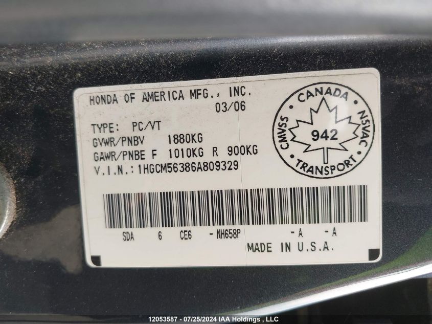2006 Honda Accord Sdn VIN: 1HGCM56386A809329 Lot: 12053587