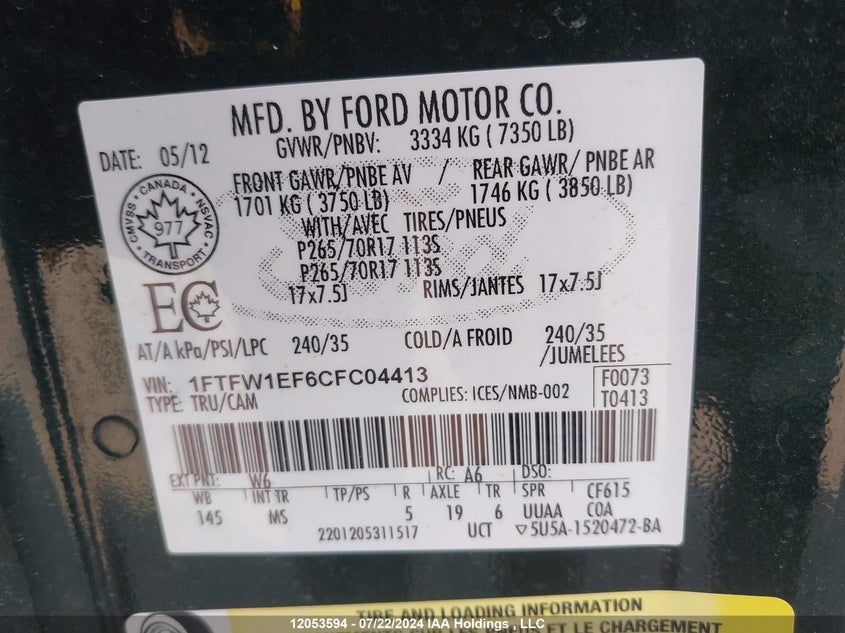 2012 Ford F150 Supercrew VIN: 1FTFW1EF6CFC04413 Lot: 12053594