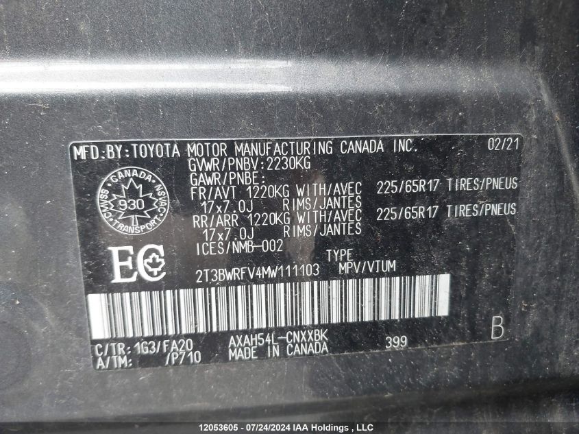 2021 Toyota Rav4 Le VIN: 2T3BWRFV4MW111103 Lot: 12053605