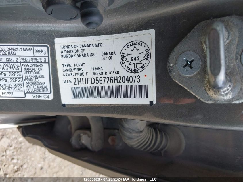 2006 Acura Csx Premium VIN: 2HHFD56726H204073 Lot: 12053628