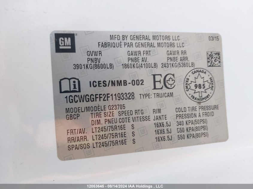 2015 Chevrolet Express G2500 VIN: 1GCWGGFF2F1193328 Lot: 12053645