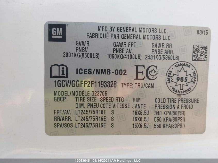 2015 Chevrolet Express G2500 VIN: 1GCWGGFF2F1193328 Lot: 12053645