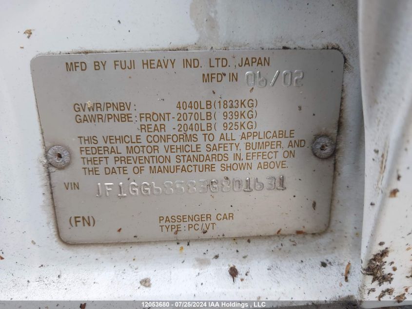 2003 Subaru Impreza VIN: JF1GG68583G801631 Lot: 12053680